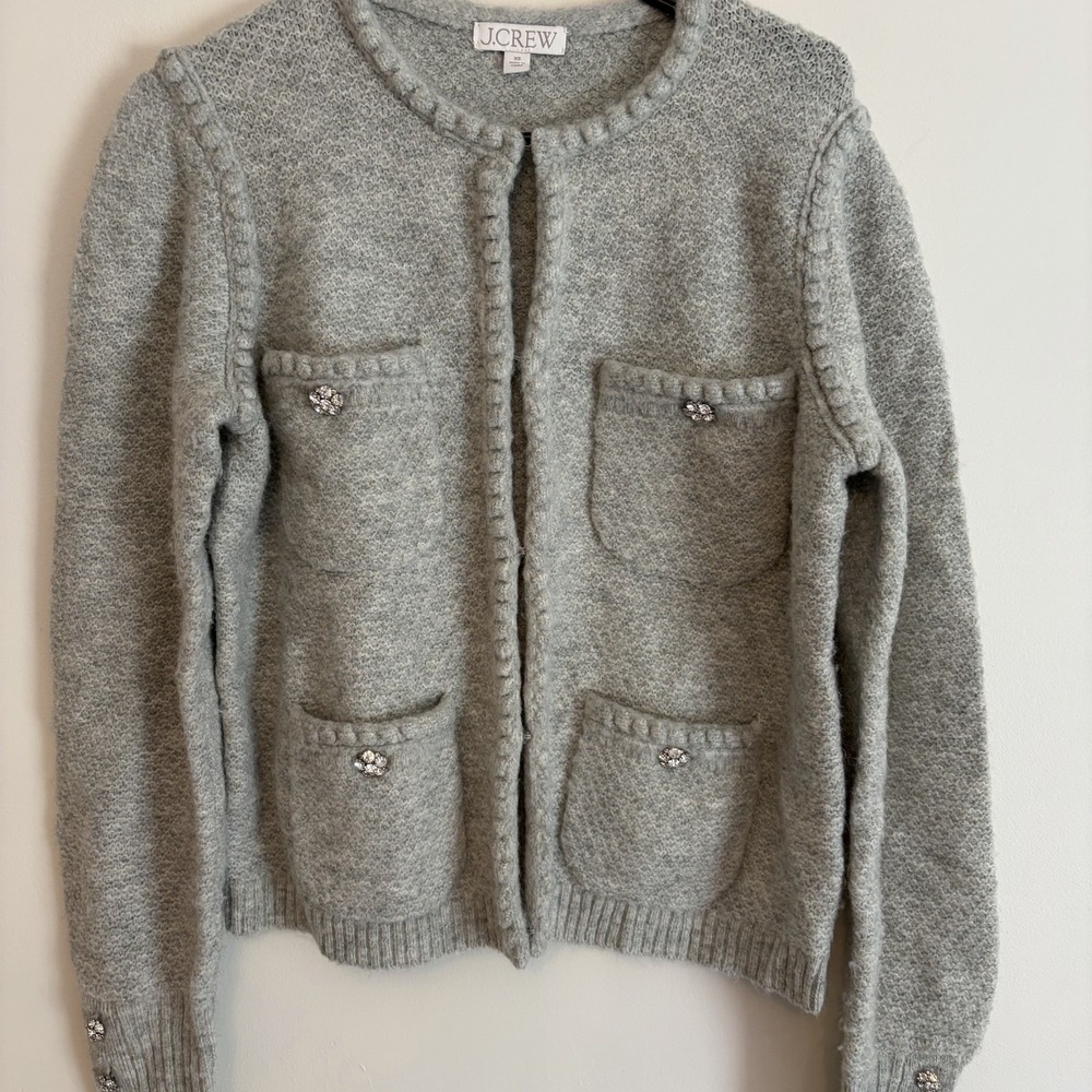 J. Crew Gray Boucle Sweater Cardigan Jewel Buttons XS Merino Wool Blend Pockets